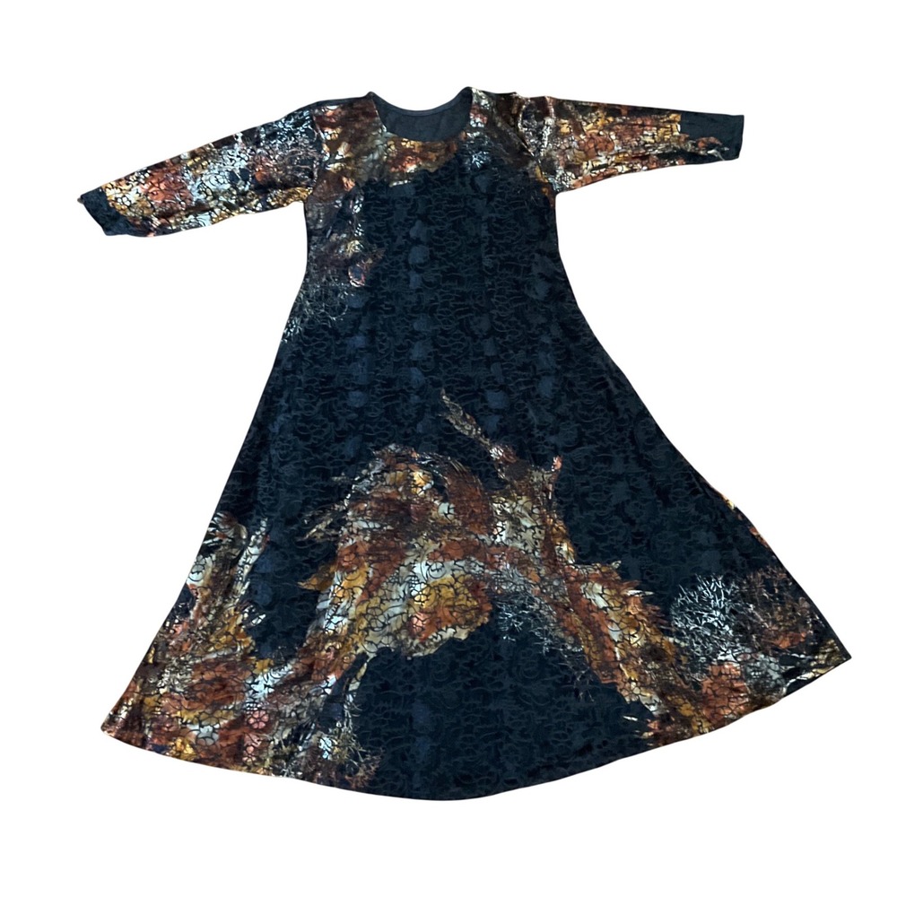 Handmade Velvet Burnout Maxi M/L Dress Boho Artsy Abstract A Line Long Sleeve